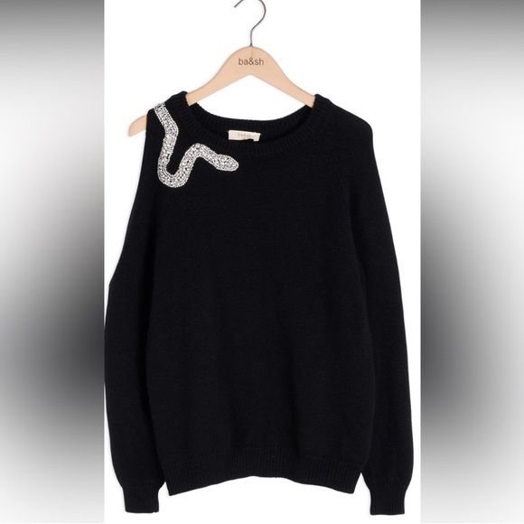 BA&SH x SAKS FIFTH AVENUE Black Luxe Diamond Snake Cold Shoulder Sweater SMALL - Picture 2 of 5